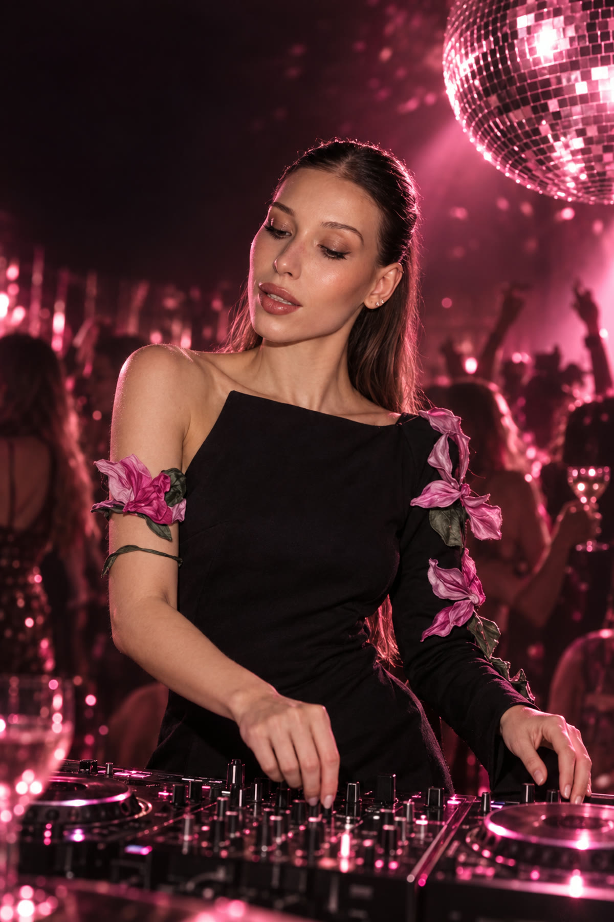 Ангелина за DJ-пультом в платье с розовыми цветами